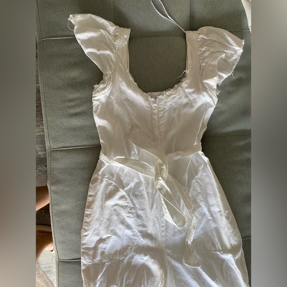 Zara White Rustic Denim Raw Hem Ruffled Cap Sleeve Belted Jumpsuit Playsuit XS - Picture 6 of 13